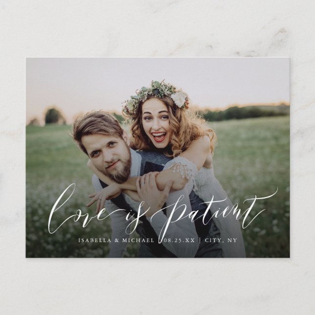 Calligraphy Love Is Patient Photo Postponement Postcard (Front)