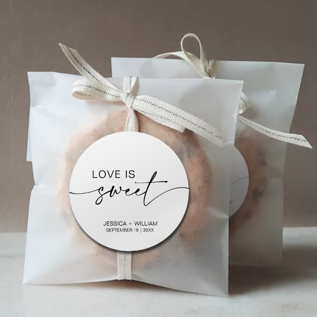 calligraphy love is sweet wedding favour classic round sticker (Creator Uploaded)