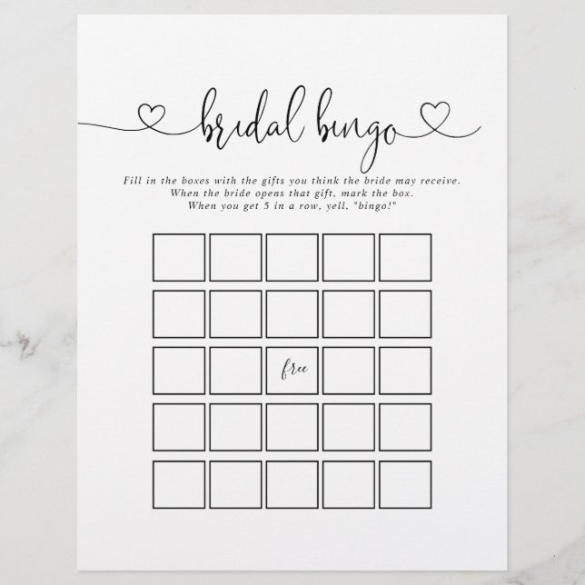 Calligraphy Love Script Bridal Bingo Game (Front)