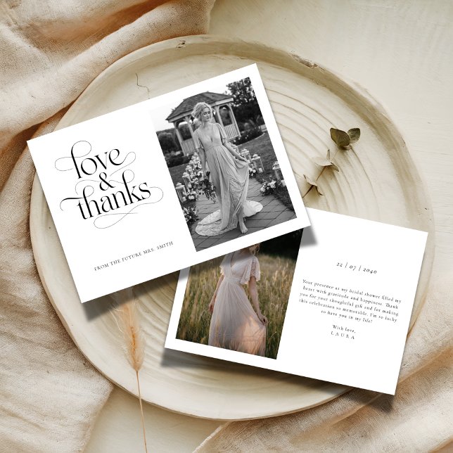 Calligraphy Love & Thanks Bridal Shower 2 Photo Thank You Card (Creator Uploaded)