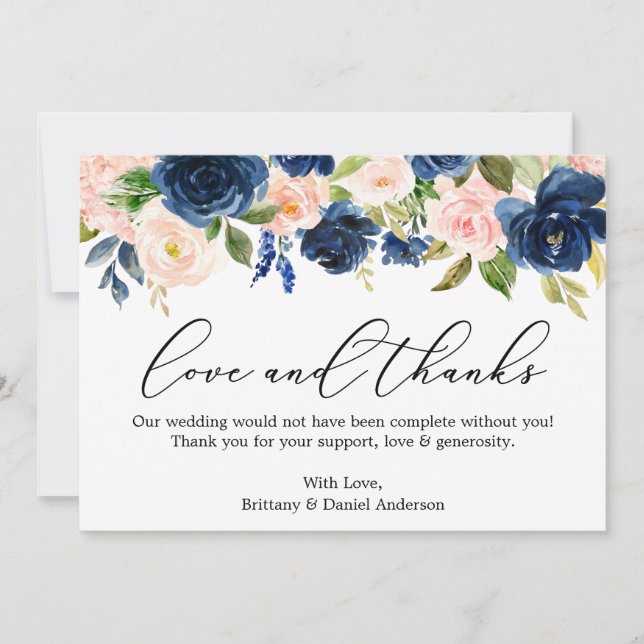 Calligraphy Love Thanks Classic Blue Pink Floral Thank You Card (Front)