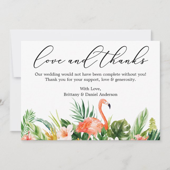 Calligraphy Love Thanks Coral Tropical Flamingo Thank You Card (Front)