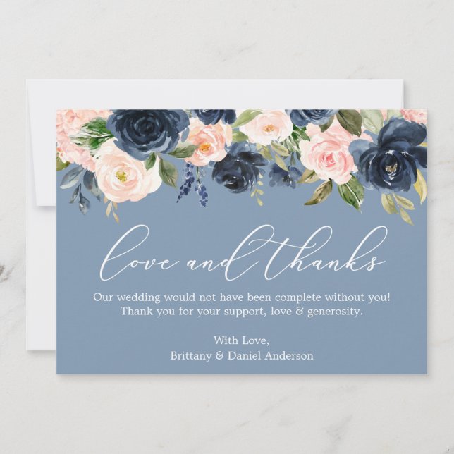 Calligraphy Love Thanks Dusty Blue Pink Floral Thank You Card (Front)