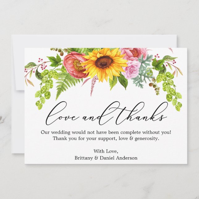 Calligraphy Love Thanks Sunflower Greenery Floral Thank You Card (Front)