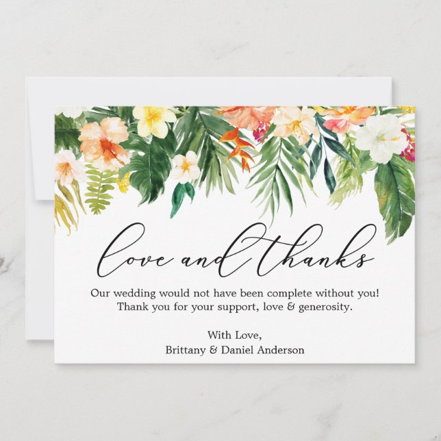 Calligraphy Love Thanks Tropical Coral Floral Thank You Card (Front)