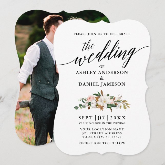 Calligraphy Magnolias Roses Photo Wedding Invitation (Front/Back)
