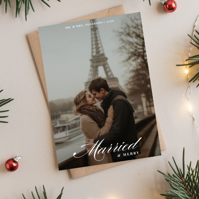 Calligraphy Married and Merry Christmas Photo  Holiday Card (Creator Uploaded)