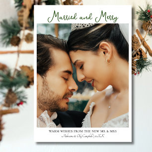Calligraphy Married and Merry Forest Green Text Holiday Card