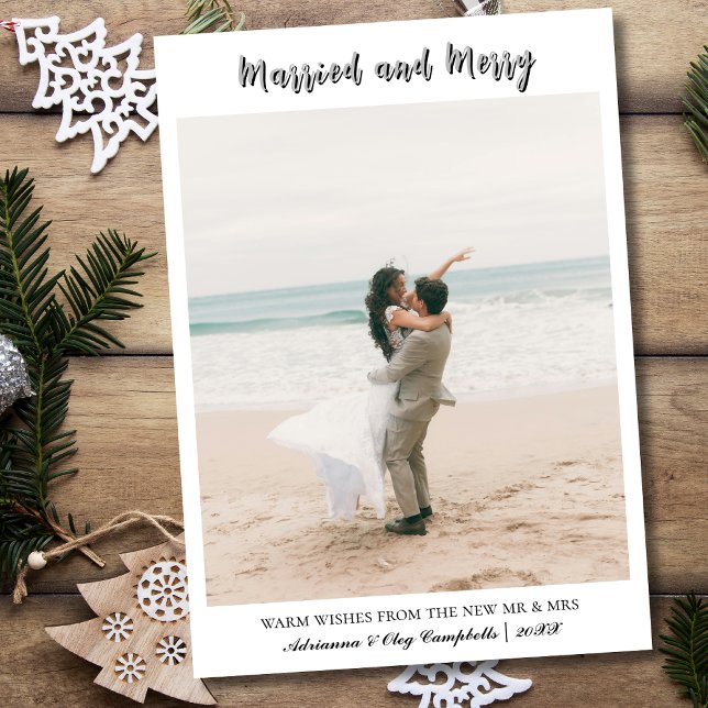 Calligraphy Married and Merry Light Grey Text Holiday Card (Creator Uploaded)