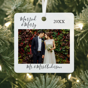 Calligraphy Married and Merry Photo Wedding Metal Tree Decoration