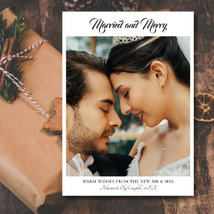 Calligraphy Married and Merry Simple Black Text Holiday Card