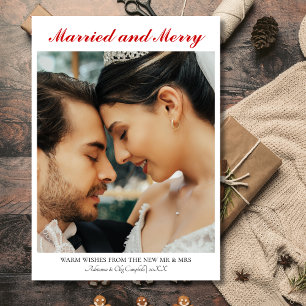 Calligraphy Married and Merry Simple Rich Red Text Holiday Card