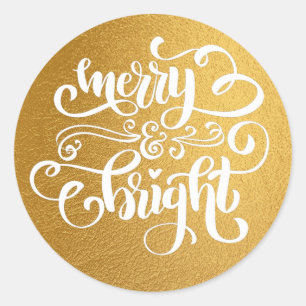 Calligraphy Merry & Bright Lux Gold Foil Classic Round Sticker