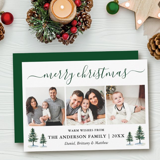 Calligraphy Merry Christmas 3 Photo Green Pines Holiday Card (Customize to add text to back of card or to change color of back of card.)