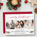 Calligraphy Merry Christmas 3 Photo Red Holly Holiday Card<br><div class="desc">Modern Calligraphy Script 3 Photo Family Photo Collage Merry Christmas Card includes Watercolor Christmas Holly Berries - Red Script</div>
