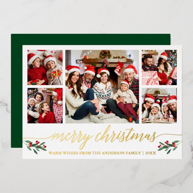 Calligraphy Merry Christmas 5 Photo Green Gold Foil Holiday Card (Front/Back)
