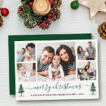 Calligraphy Merry Christmas 5 Photo Green Pines Holiday Card<br><div class="desc">Modern Calligraphy Script Merry Christmas 5 Photo Holiday Card includes Watercolor Pine Trees - Forest Green Script</div>