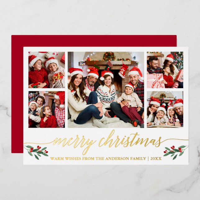 Calligraphy Merry Christmas 5 Photo Red Gold Foil Holiday Card (Front/Back)