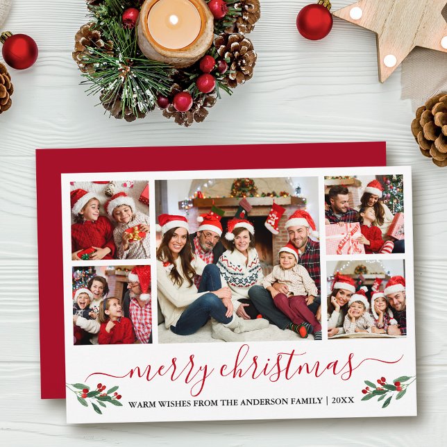 Calligraphy Merry Christmas 5 Photo Red Holly Holiday Card (Customize to add text to back of card or to change color of back of card.)