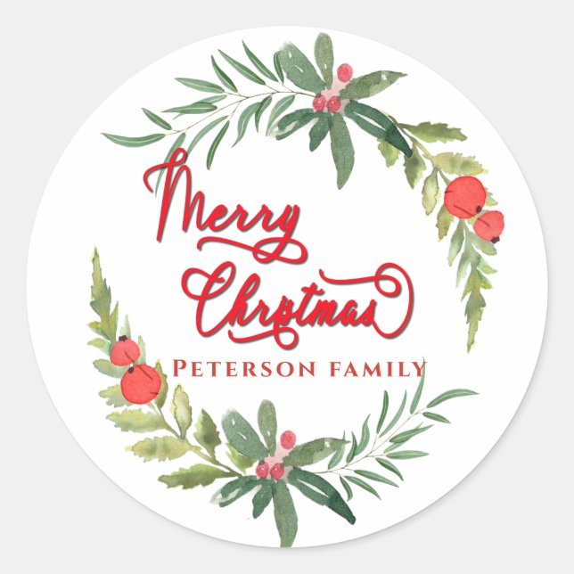Calligraphy Merry Christmas botanical wreath  Classic Round Sticker (Front)