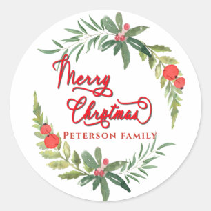 Calligraphy Merry Christmas botanical wreath Classic Round Sticker