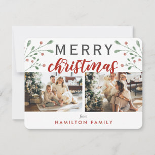 Calligraphy Merry Christmas Cherry Two Photo  Card