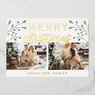 Calligraphy Merry Christmas Cherry Two Photo Foil Holiday Card