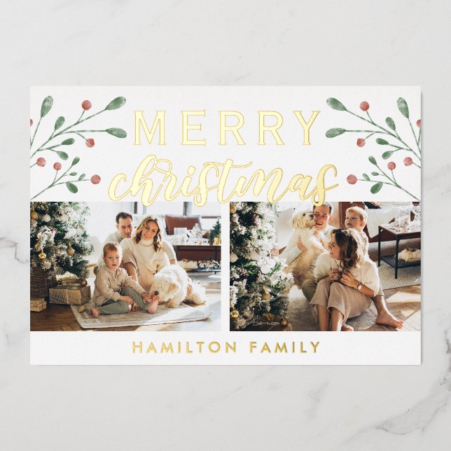 Calligraphy Merry Christmas Cherry Two Photo Foil Holiday Card (Front)