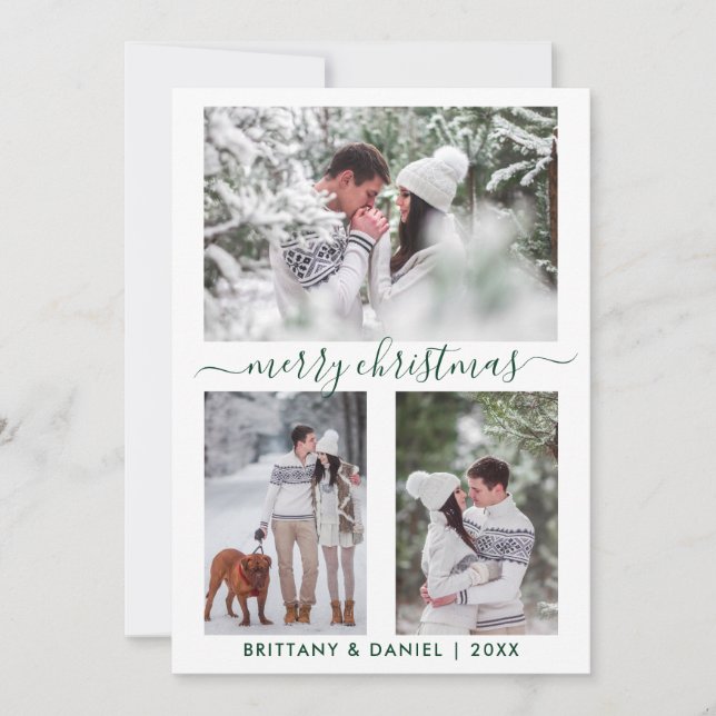 Calligraphy Merry Christmas Couple 3 Photo Green Holiday Card (Front)