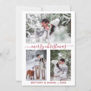 Calligraphy Merry Christmas Couple 3 Photo Red Holiday Card