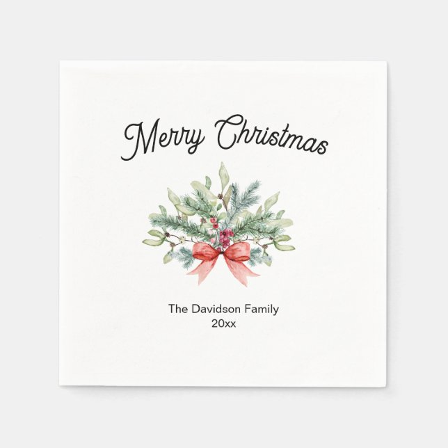Calligraphy Merry Christmas Family Greenery Napkin (Front)