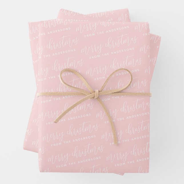 Calligraphy Merry Christmas Family Pastel Pink Wrapping Paper Sheet (In situ)