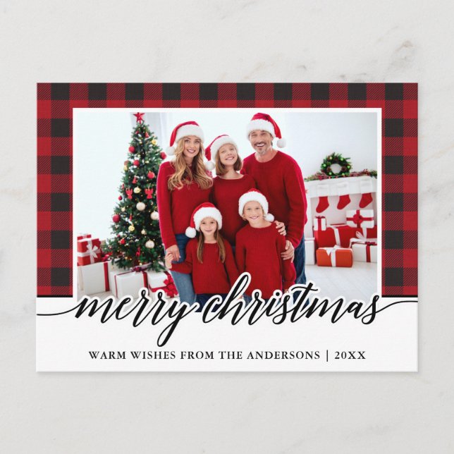 Calligraphy Merry Christmas Family Photo Red Plaid Postcard (Front)