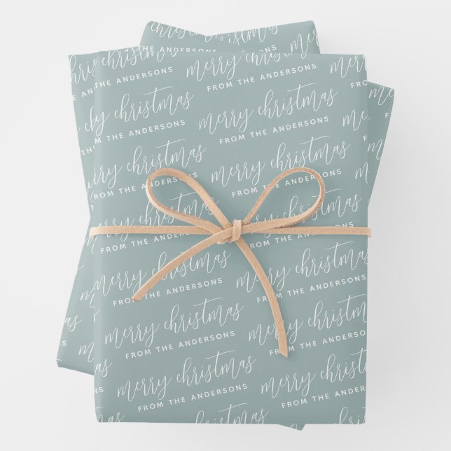 Calligraphy Merry Christmas Family Sage Green Wrapping Paper Sheet (In situ)