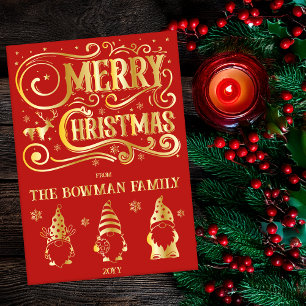 Calligraphy Merry Christmas Gnomes Family Greeting Foil Holiday Card