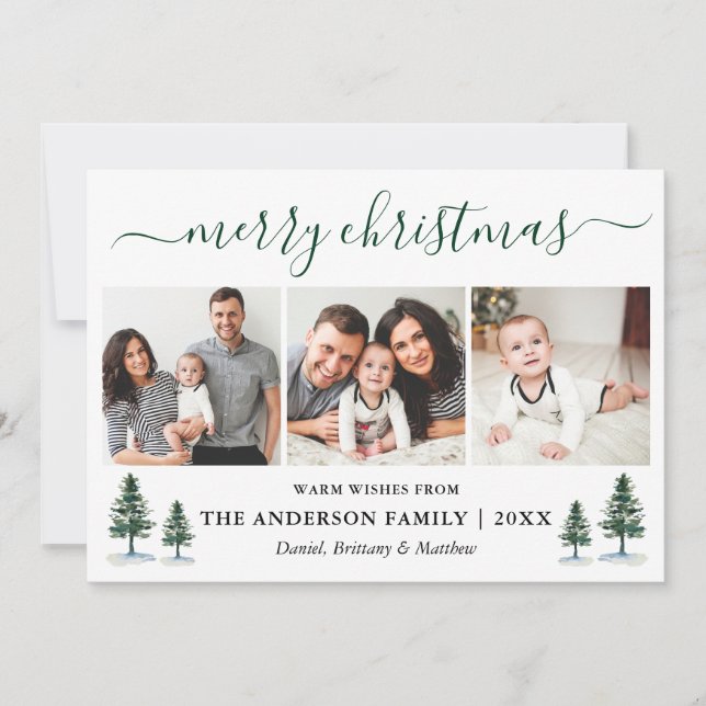Calligraphy Merry Christmas Green Pines 3 Photo Holiday Card (Front)
