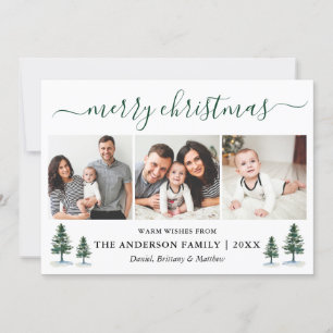Calligraphy Merry Christmas Green Pines 3 Photo Holiday Card