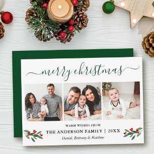 Calligraphy Merry Christmas Holly 3 Photo Green Holiday Card