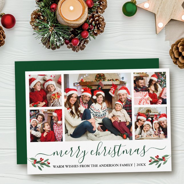 Calligraphy Merry Christmas Holly 5 Photo Green Holiday Card (Customize to add text to back of card or to change color of back of card.)