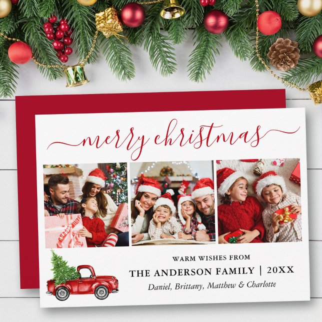 Calligraphy Merry Christmas Red Truck 3 Photo Holiday Card (Customize to add text to back of card or to change color of back of card.)
