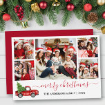 Calligraphy Merry Christmas Red Truck 5 Photo Holiday Card<br><div class="desc">Modern Calligraphy Script 5 Photo Family Photo Collage Merry Christmas Card includes Watercolor Vintage Red Truck with Tree - Red Script</div>
