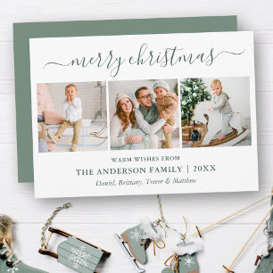 Calligraphy Merry Christmas Sage Green 3 Photo Holiday Card
