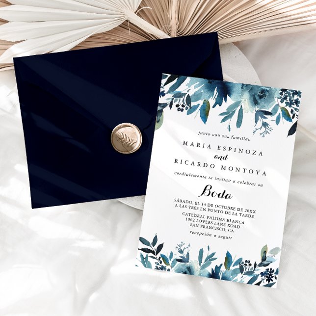 Calligraphy Minimalist Blue Floral Spanish Wedding Invitation (Creator Uploaded)