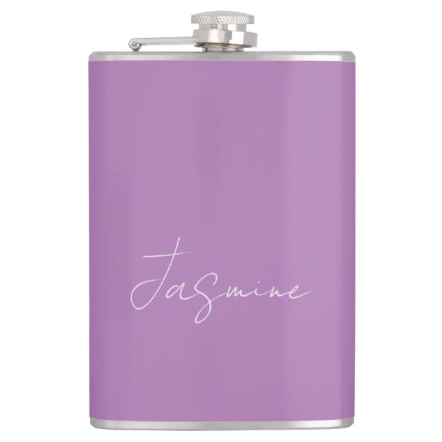 Calligraphy Minimalist Custom Own Name Lavender Hip Flask (Front)