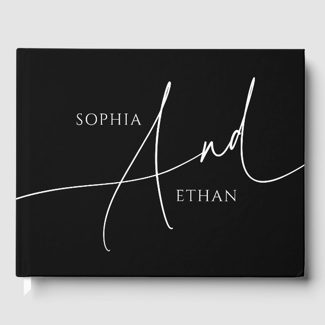 Calligraphy Minimalist Elegant Wedding Black Guest Book (Front)