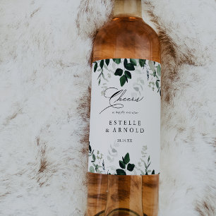 Calligraphy Minimalist Greenery Cheers Wedding Wine Label