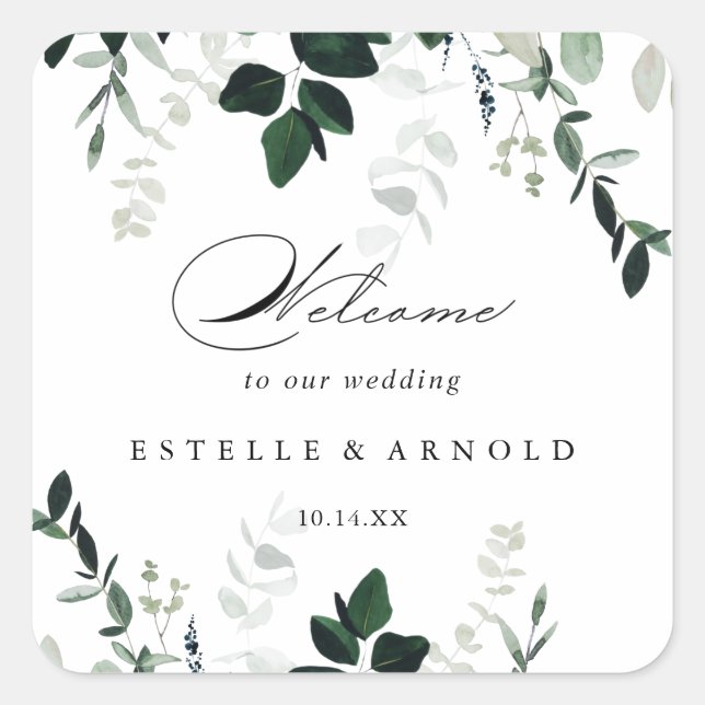 Calligraphy Minimalist Greenery Wedding Welcome  Square Sticker (Front)