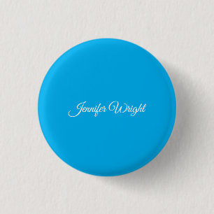 Calligraphy minimalist plain modern azure blue 3 cm round badge