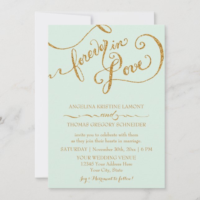 Calligraphy Mint Script Forever Love Gold Glitter Invitation (Front)