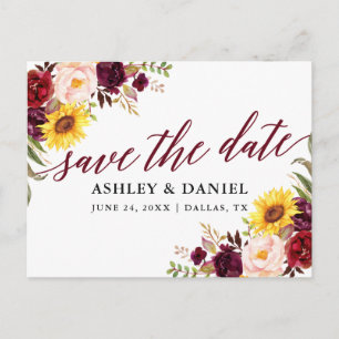 Calligraphy Mixed Floral Burgundy Save The Date Postcard